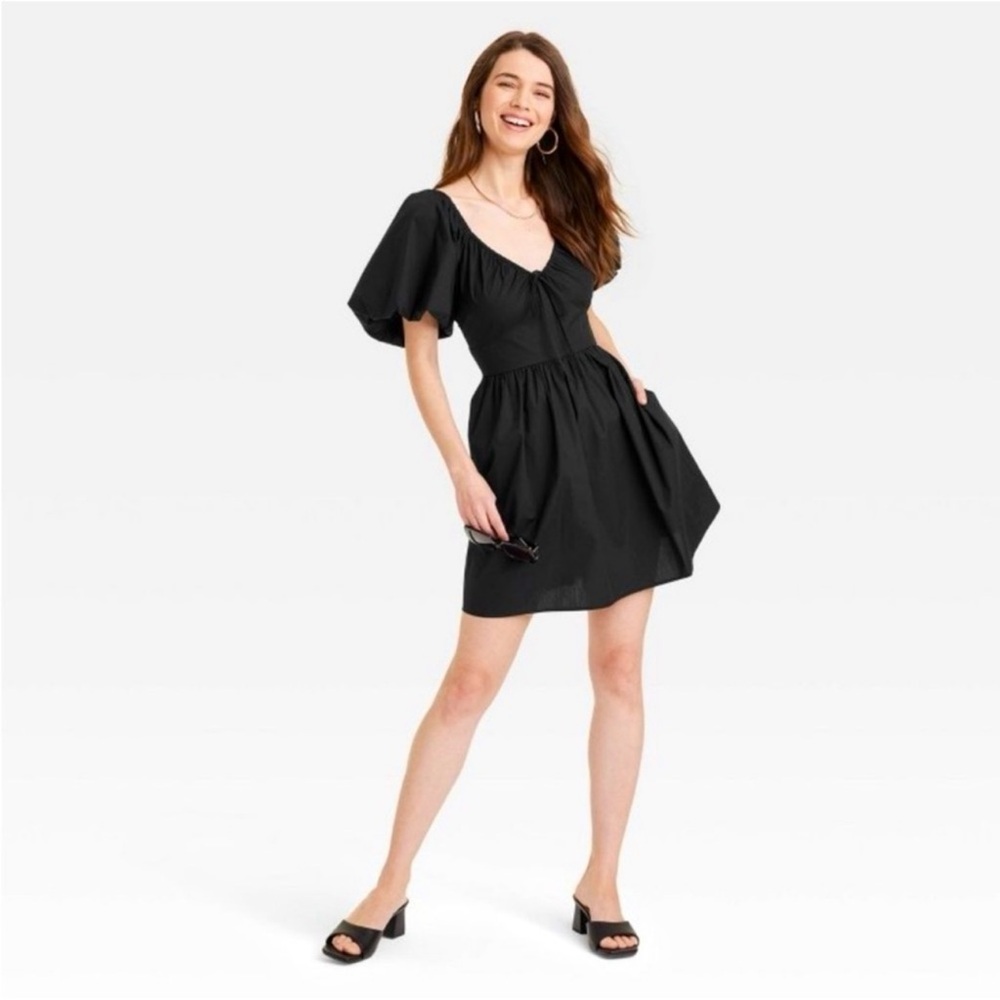 A NEW DAY Black Puff Sleeve Mini Dress Ruched Goth Whimsigoth Boho Coquette S - Picture 10 of 13